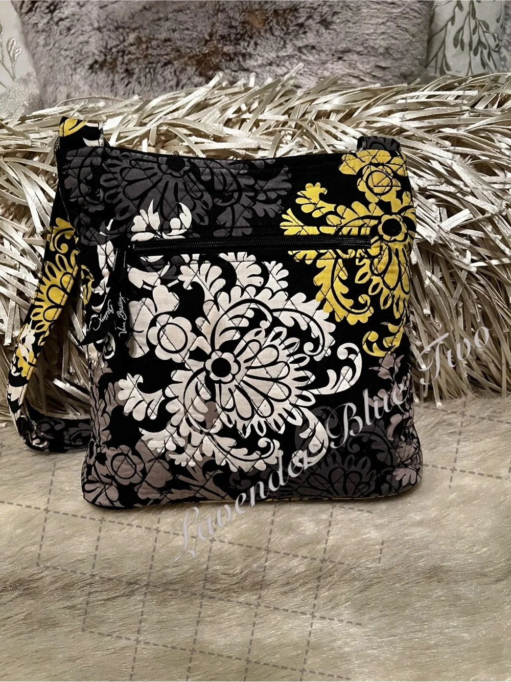 VERA BRADLEY Baroque 2008 Zipper Hipster Crossbody Black Yellow Y2K Floral